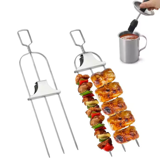 3-WAY STAINLESS STEEL BBQ SKEWER WITH PUSH ROD DESIGN (2 PIECES)