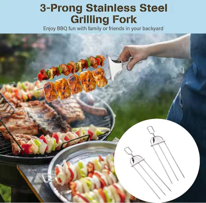 3-WAY STAINLESS STEEL BBQ SKEWER WITH PUSH ROD DESIGN (2 PIECES)