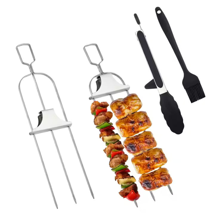 3-WAY STAINLESS STEEL BBQ SKEWER WITH PUSH ROD DESIGN (2 PIECES)