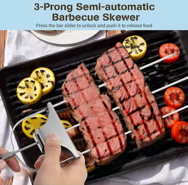 3-WAY STAINLESS STEEL BBQ SKEWER WITH PUSH ROD DESIGN (2 PIECES)